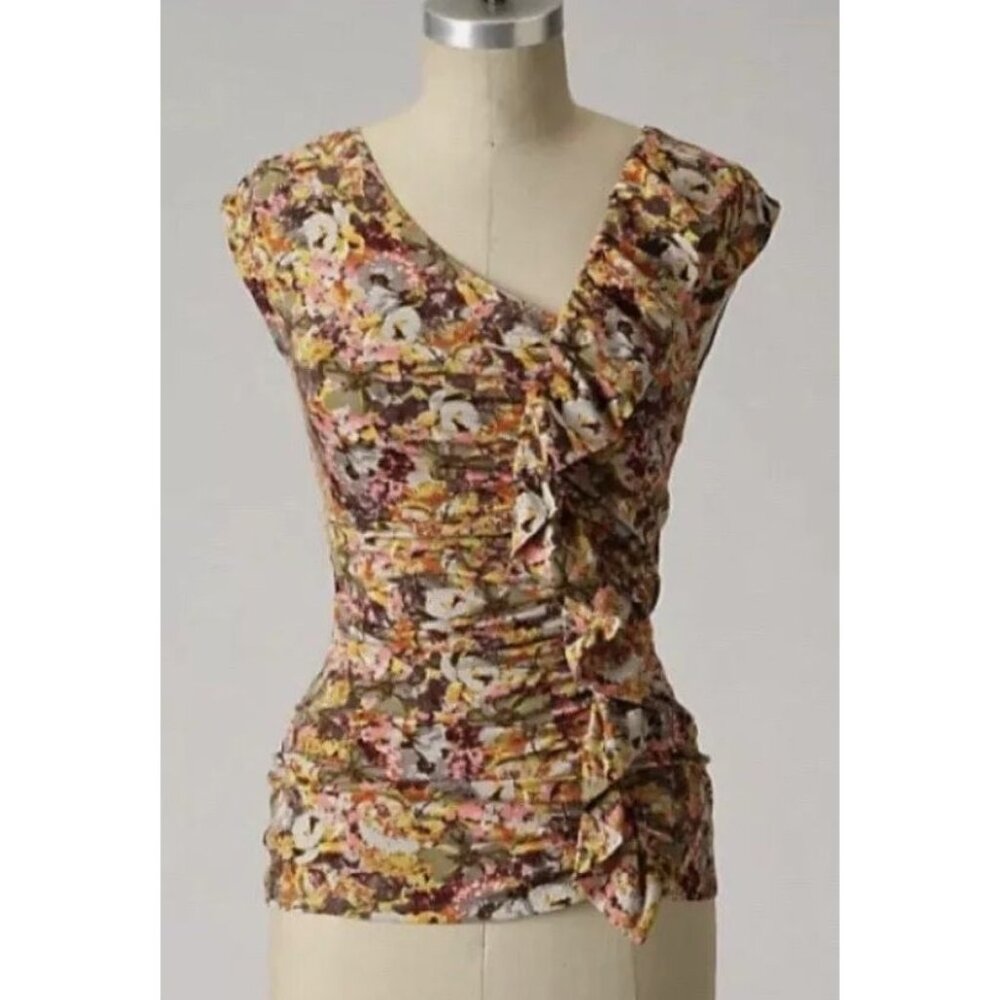 Anthropologie WESTON WEAR Galaxy Fold Top Floral Ruffle Blouse Shirt Pink Sz Med